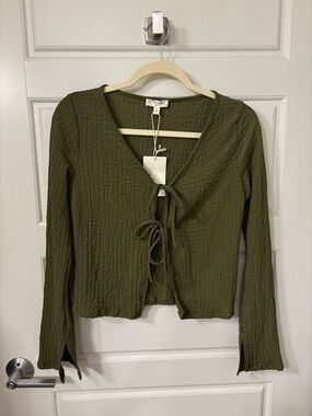 See You Monday Olive Textured Tie-Front Long Sleeve Top